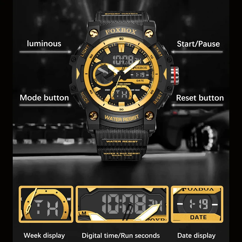 

FOXBOX 2026 sport watch men quartz casual fashion watch waterproof dual time display military men's clock watches for men reloj