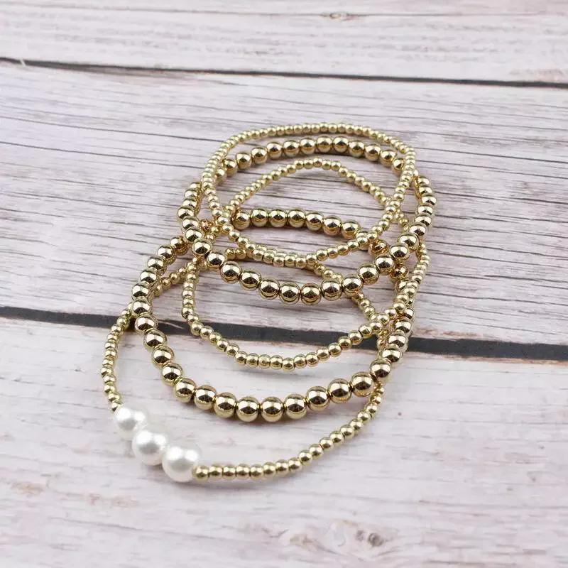 طقم سوار قابل للتمدد من خرز الذهب والفضة واللؤلؤ للنساء #3
