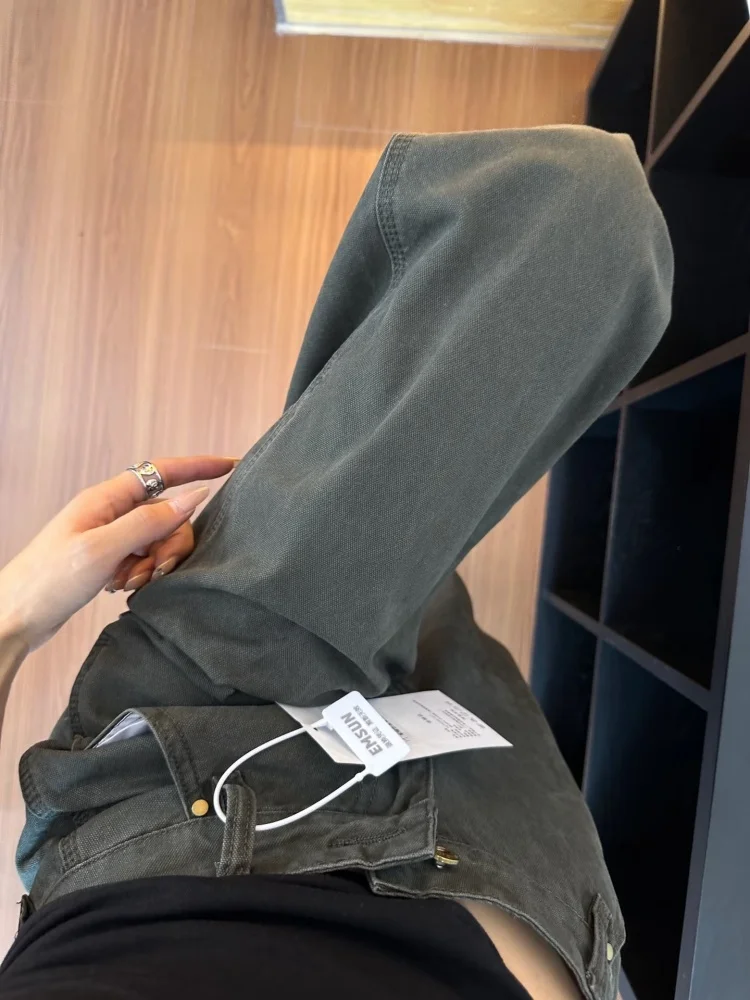 بالإضافة إلى حجم خمر الأمريكية العسكرية الدنيم السراويل النسائية فضفاضة عالية الخصر مستقيم الساق واسعة الساق ملابس العمل بنطلون #3