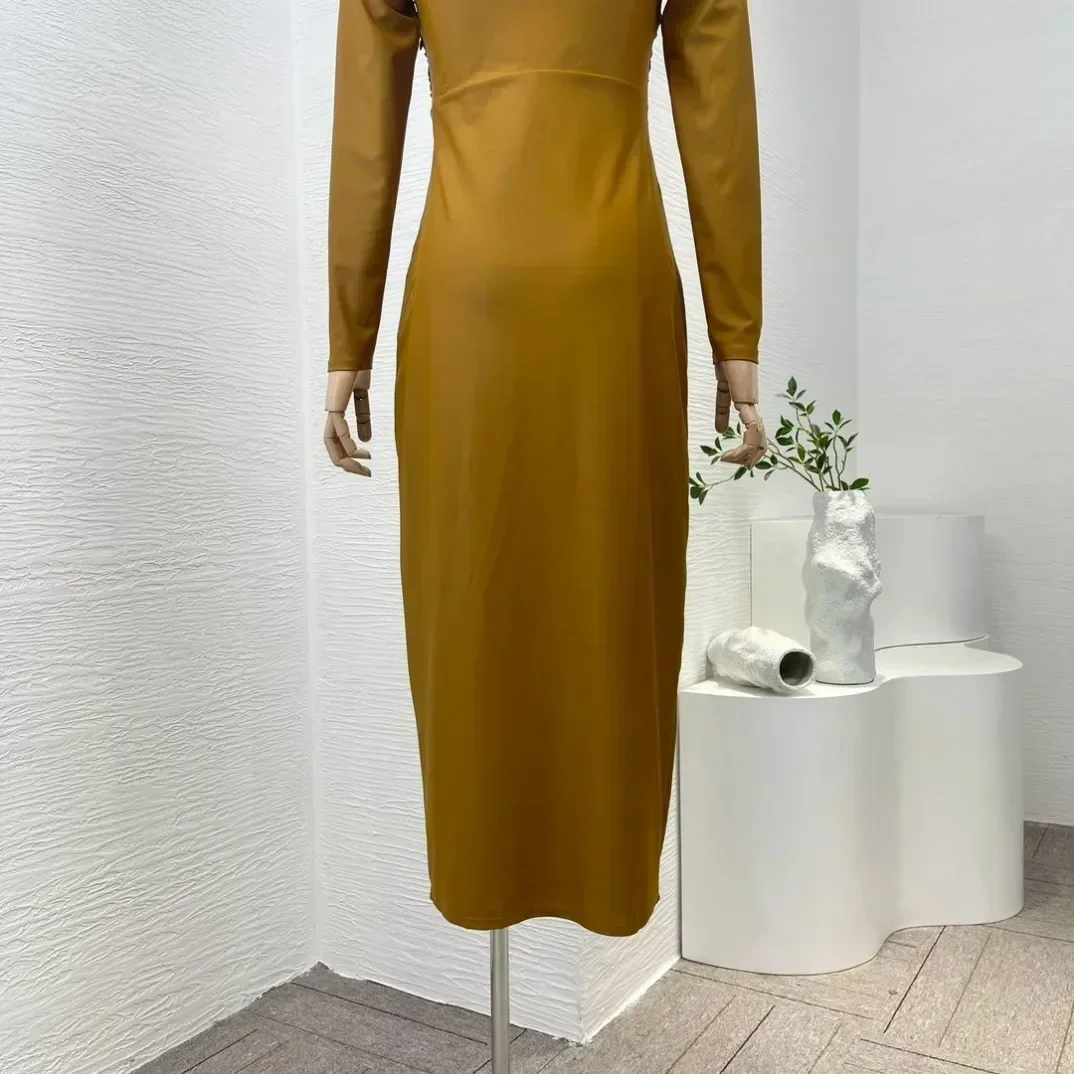 2024 New Collection Camel Long Sleeve Plear Appliques Women Midi Dress Spring Summer