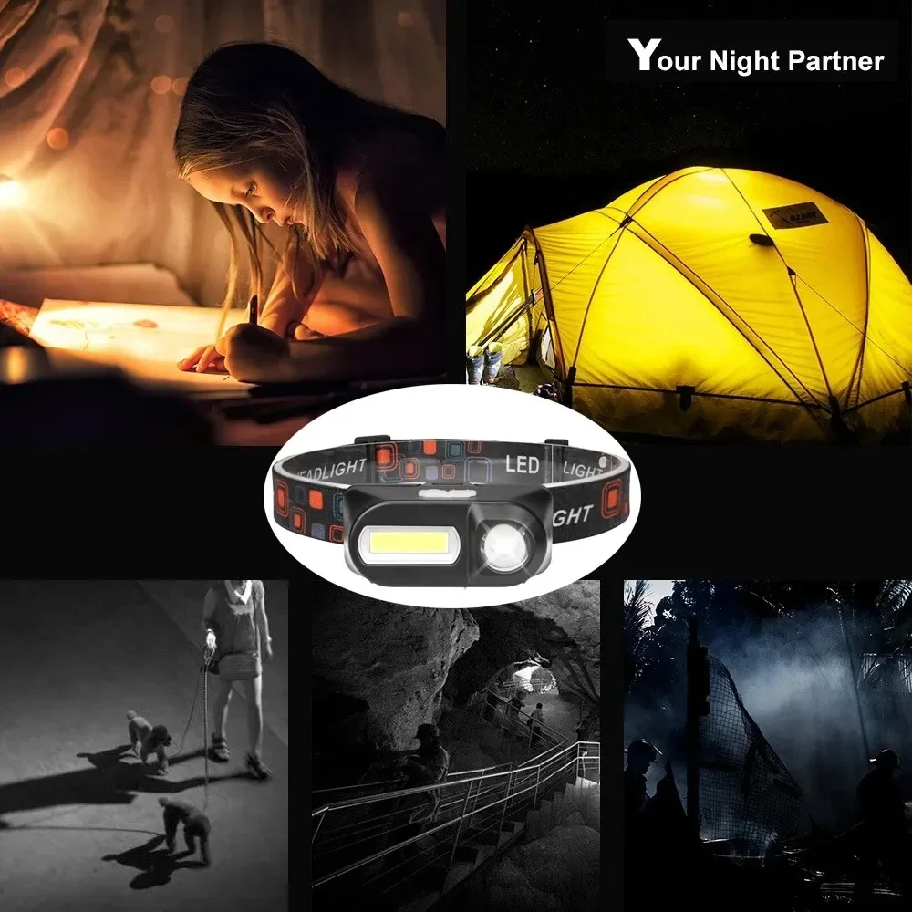 Powerful Mini XPE+COB Headlamp Super Bright LED Head Flashlight USB Rechargeable Outdoor Fishing Camping Headlight