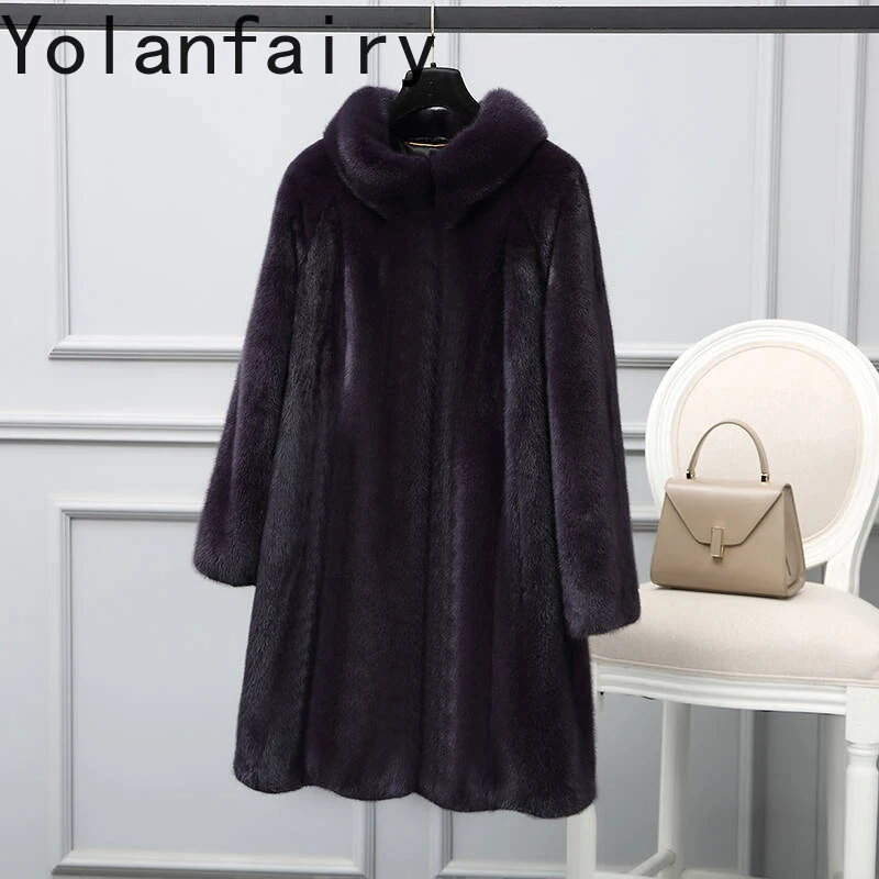 YOLANFAIRY Wysokiej Jakości Kurtki z Naturalnego Futra Norki dla Kobiet Zimowe Średniej Długości Dopasowane Naturalne Futro Płaszcz Damski Kurtka z Norki Kołnierz typu Bread Collar
