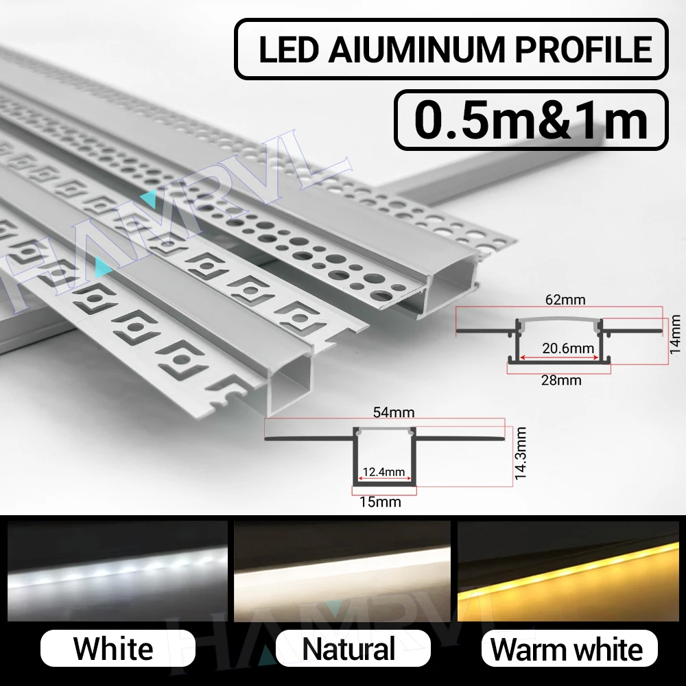 0.5M/1M Drywall LED Aluminum Channel System Large Plaster-in trimless recessed with Strip warm Light 6000/4000/3000K Decor Embed