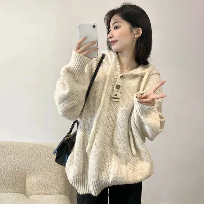 Thickened Buttons Hoodies Women Autumn/Winter Loose Lazy Knitted Sweater