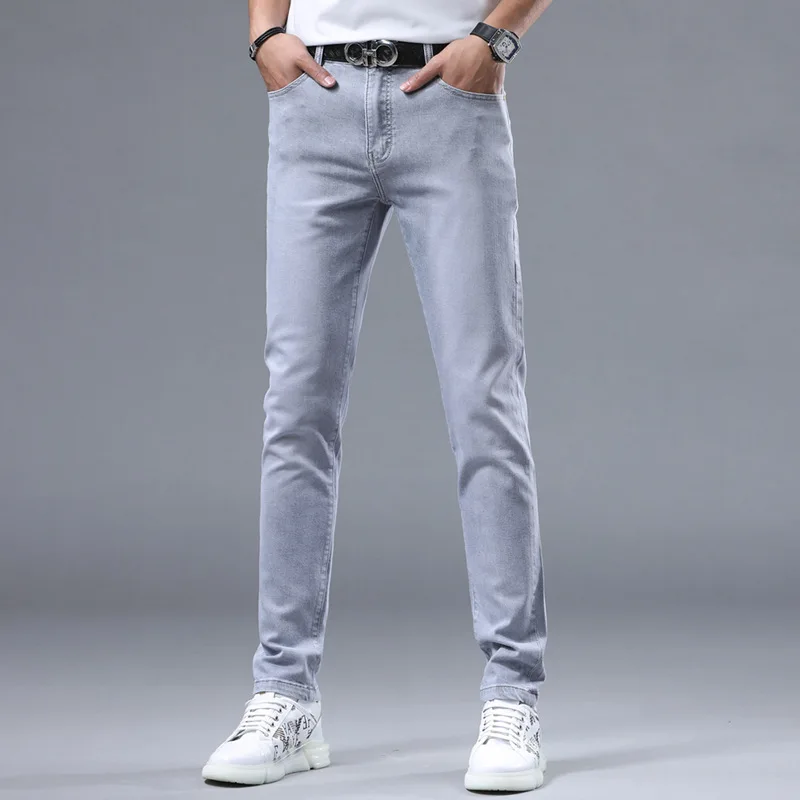 Jeans casual de perna reta masculina, jeans slim, cinza claro, elástico, lavado, luxo acessível, luxo acessível, novo, primavera, 2022