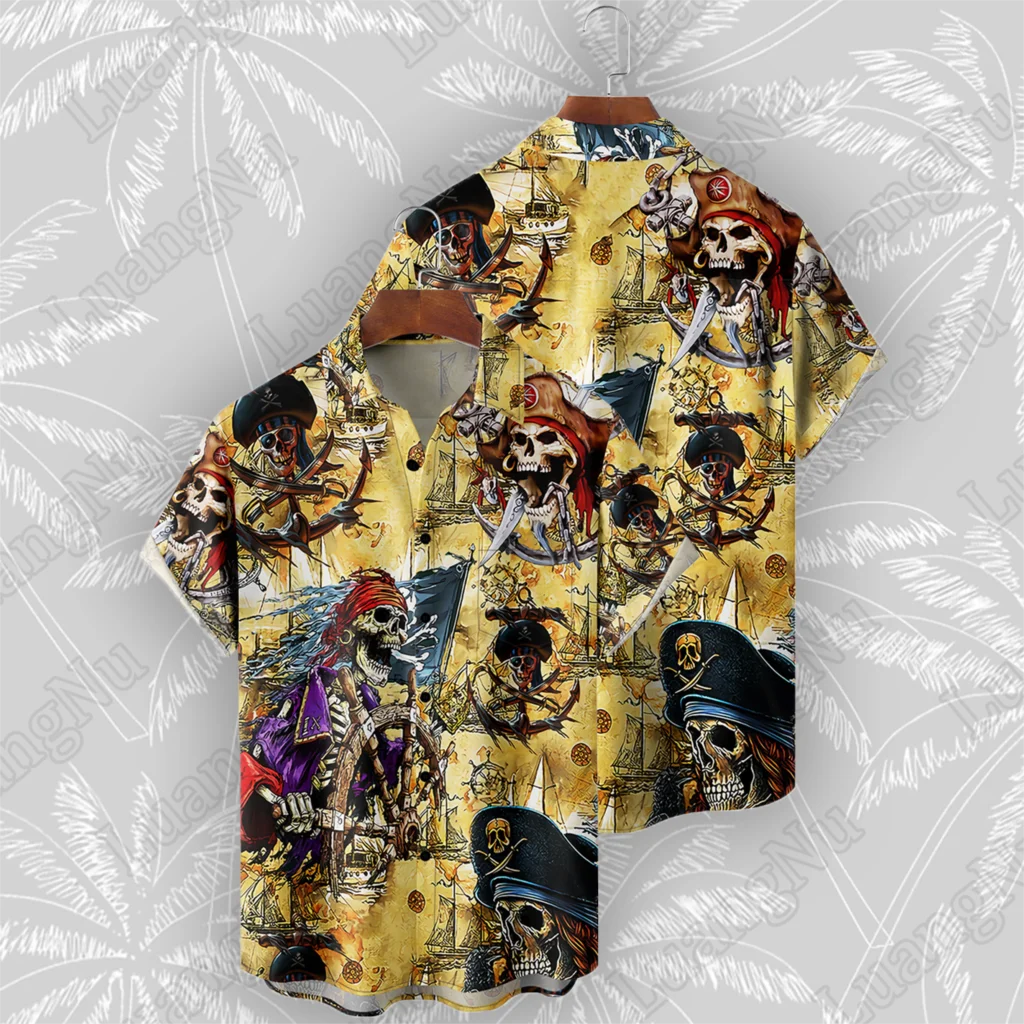 

Men's Shirts Skull Pirate Print Summer High Quality Tops Short Sleeve Hawaiian Party Button Up Shirt Man Casual Oversized Shirts