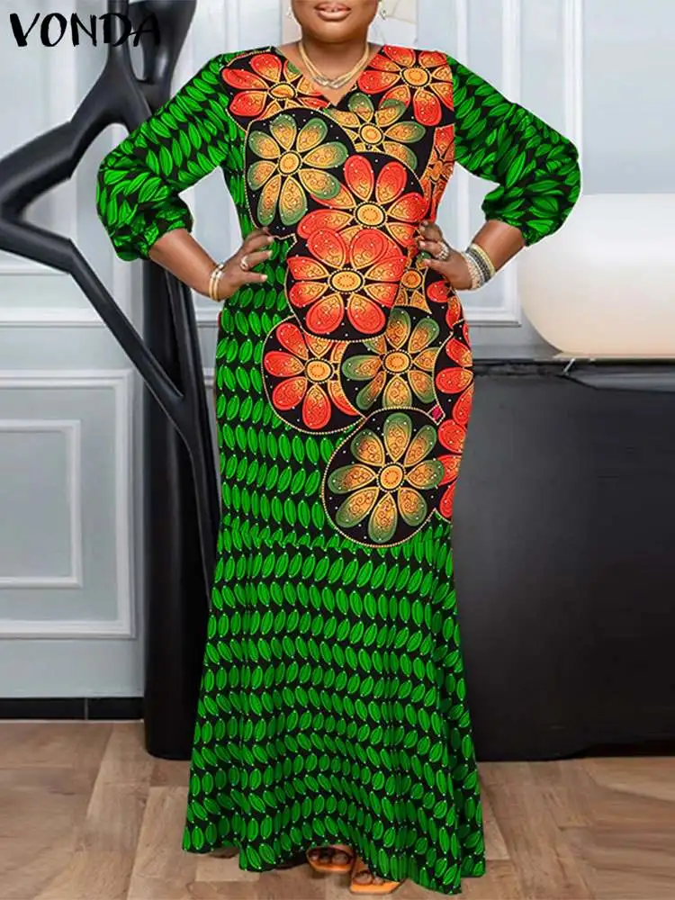 Plus Size VONDA Women Evening Dress 2024 Sexy V Neck Long Lantern Sleeve Sundress Vintage Floral Printed African Dress Vestido