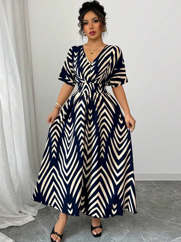 

Printed V-ne ort Sve Elastic Waist Dr Women's Street Sle Summer Casual Loose Fit H-aped Skirt Single Piece