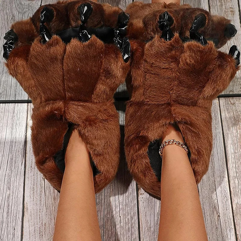 Bear paw personality indoor cotton slippers Bear paw leopard print and solid color paw shoes cartoon cotton slippers