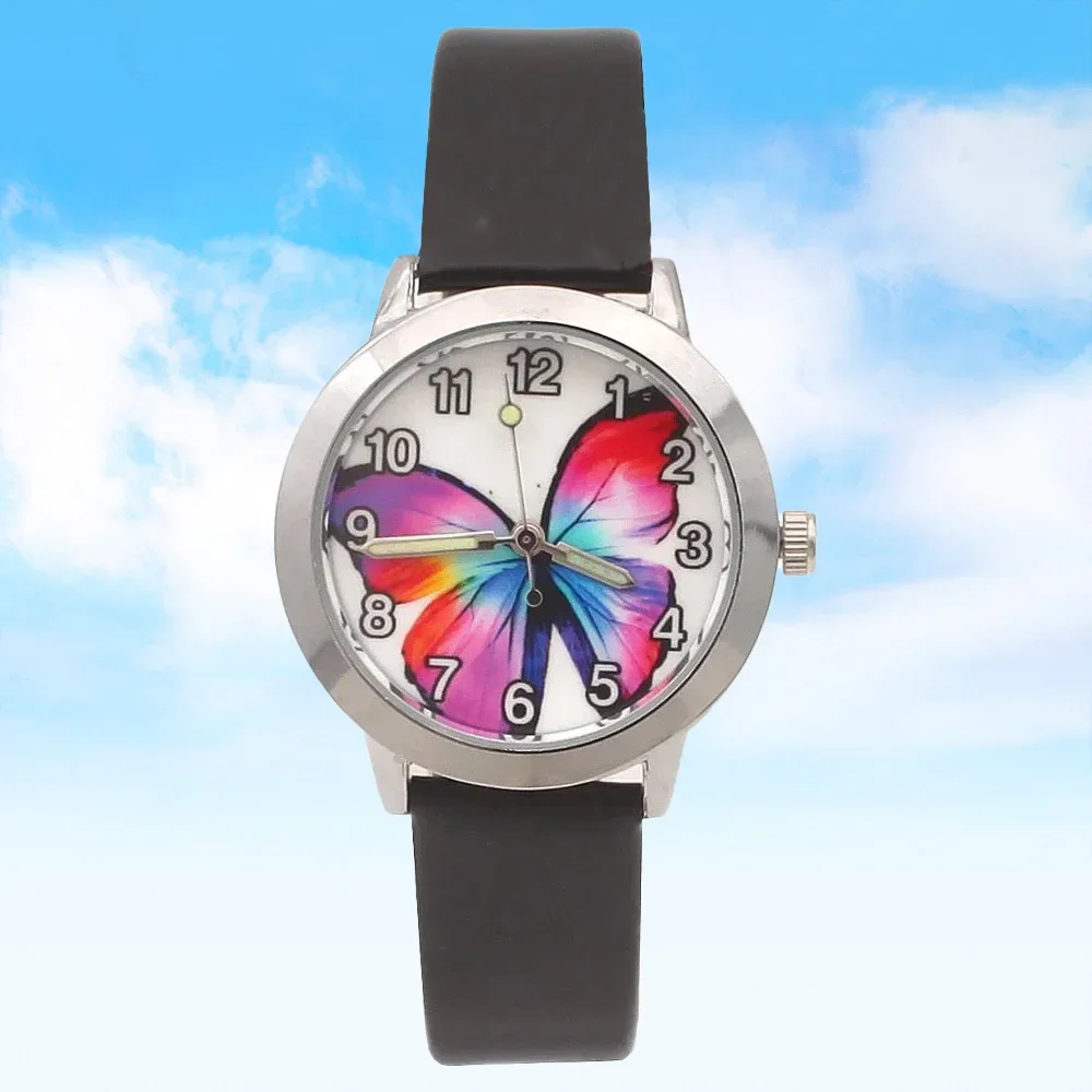Cartoon Butterfly Leather Quartz Watch Stylish Fashionable Wristwatch for Children Students & Females Timepiece