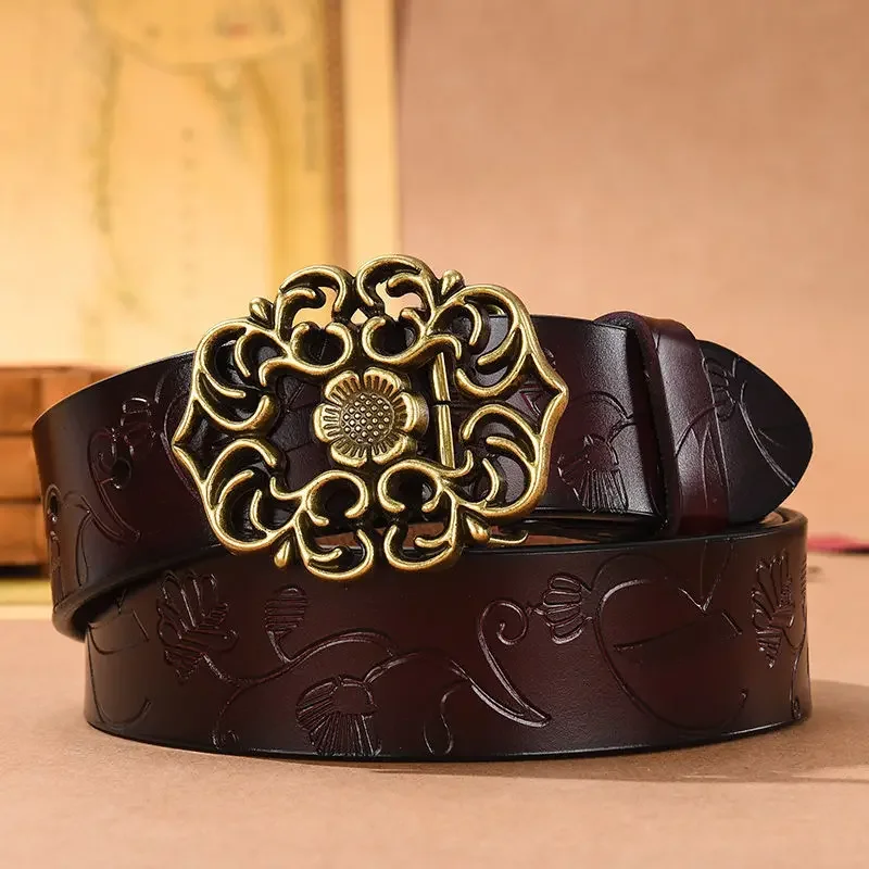 

Belt for Women Cowskin Genuine Leather Vintage High Quality Fashion Casual Flower Buckle Jeans Women Belt Designers Strap LB2183