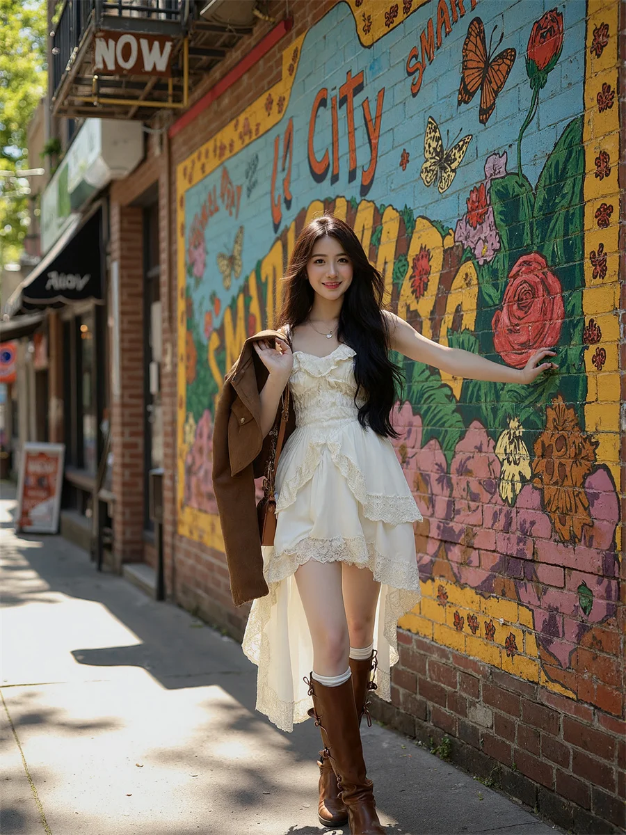 Abito da donna per ragazze stile coreano chic bordo a balze cocktail party matrimonio velluto Boho autunno manica corta in chiffon floreale