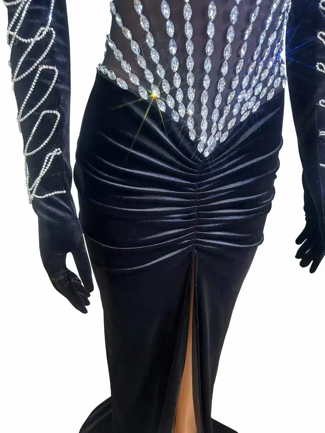 Schwarzes bodenlanges Kleid für Frauen, glitzernde Strass-Kristalle, luxuriöses, elegantes Geburtstags-Abend-, Abschlussball- und Nachtclub-Outfit mit Handschuhen