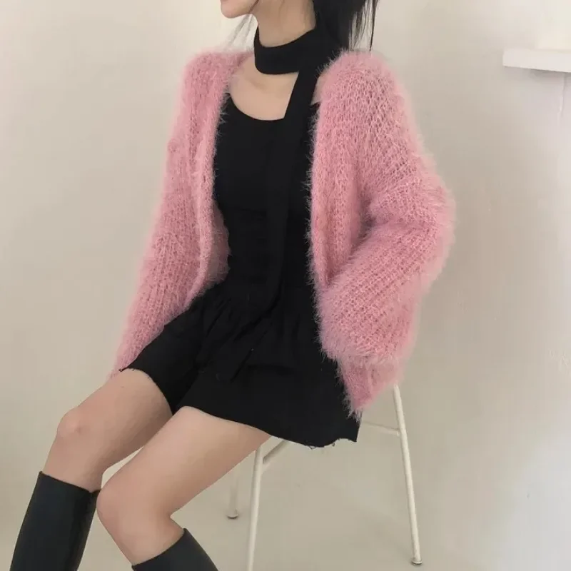 Neploe Korean Fashion V-neck Lazy Sweaters Coat 2024 Autumn Winter Waterproof Mink Cardigan Y2k Long Sleeve Knitted Tops Women