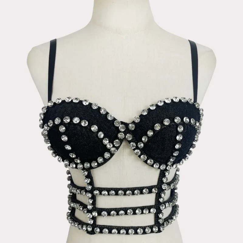 

Strapless Camisole Tank Tops Women Y2k Streetwear Diamond-patterned Hand-sewn Padded Shapewear Denim Bustier Stage DJs Clubbing