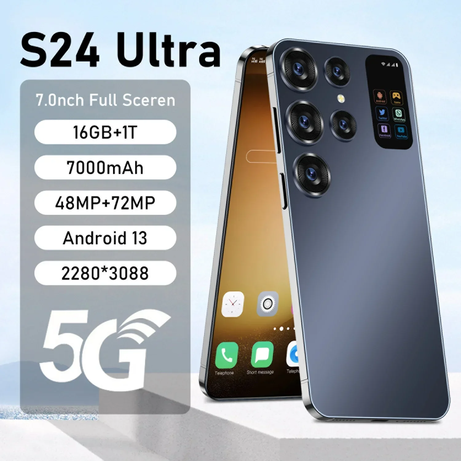 

S24 ultra 7.0 HD Screen 16G+1T Smart Phone 7000Mah Android13 Celulare Dual Sim Face Unlocked NFC 4G/5G Mobile Phone Brand Global