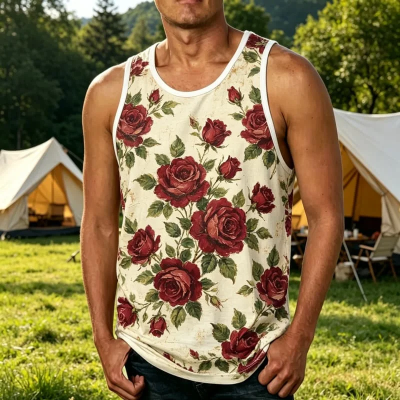 Men's romantic rose print vest, fashionable and casual style, suitable for summer, outdoor camping, and garden party occasions