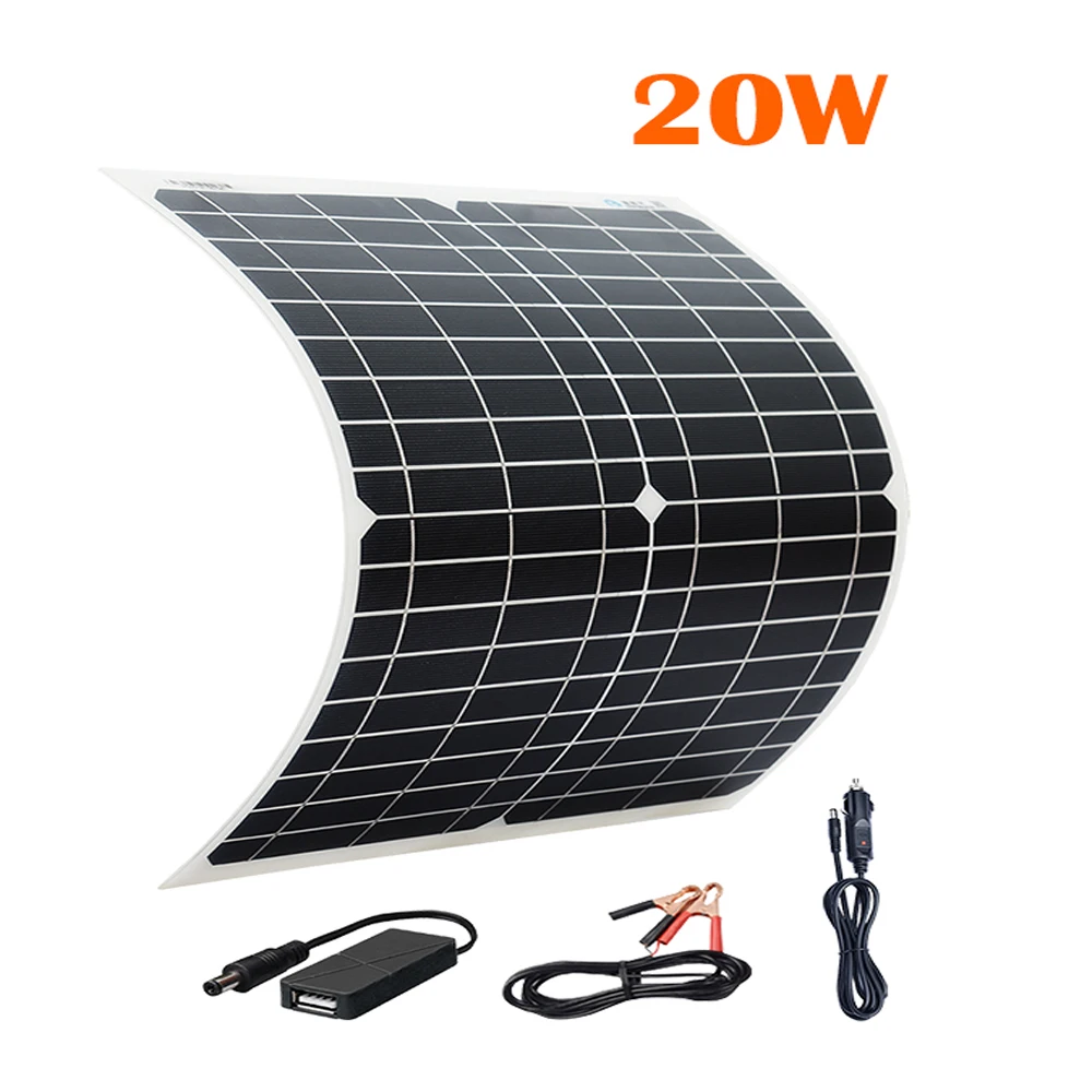 

20W Solar Panel 5V USB 18V DC cable 12V Cigarette Lighter Charger for car Battery Phone Lamps water pumps teaching experiments