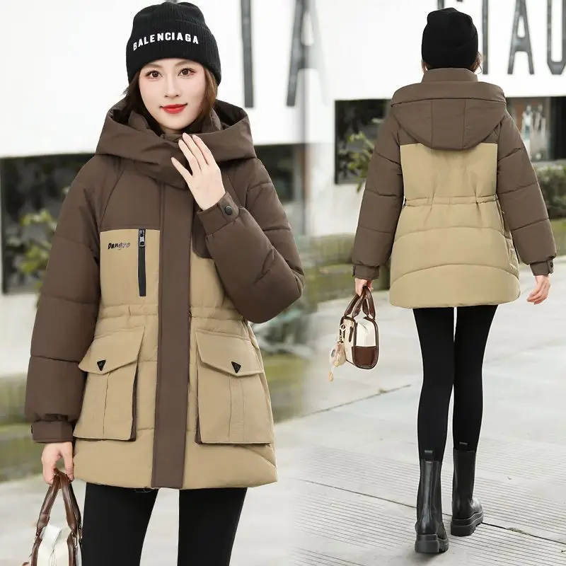 

Зимнее теплое толстое пальто с хлопковой подкладкой, женская лоскутная куртка с карманами на молнии, ветрозащитная верхняя одежда, тонкое пальто с длинными рукавами и шнурком