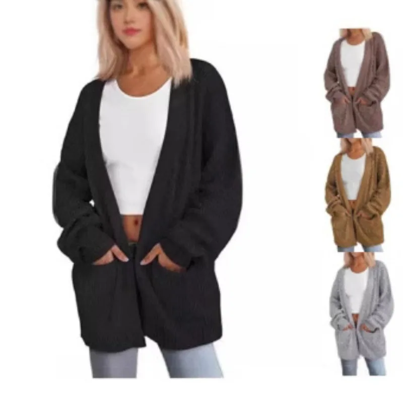 

Autumn and Winter New Style 2025 European American Solid Color Loose Long Sweater Women Pocket Jacket Women