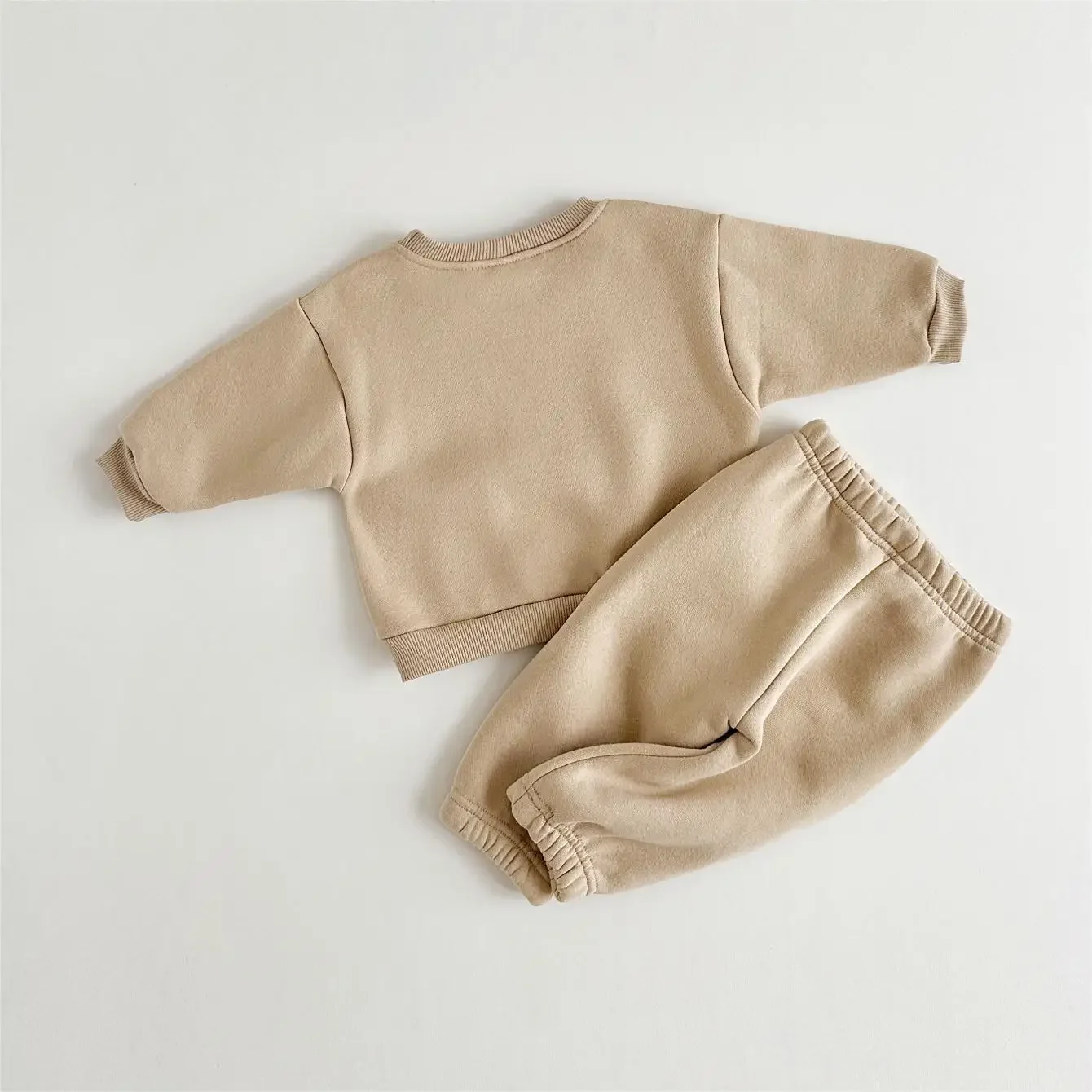 Winter Baby Girls Boys Clothes Thick Plush Minimalist Style Flowers Embroidery Warm 2PCS Sweatshirt + Pant Kids Tracksuit