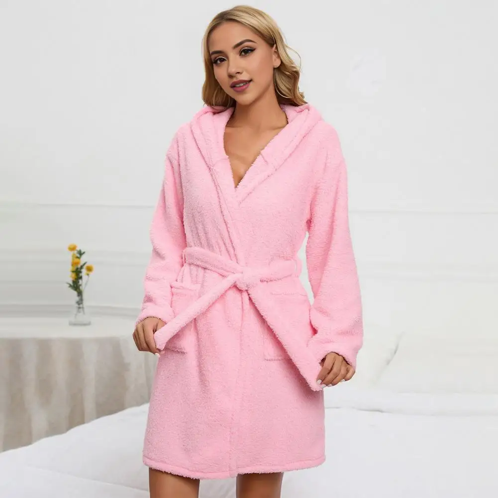 Solid Color Pajamas Luxurious Velvet Hooded Nightgown with Adjustable Lace Up Belt for Women Cozy Winter Homewear Spa Bathrobe