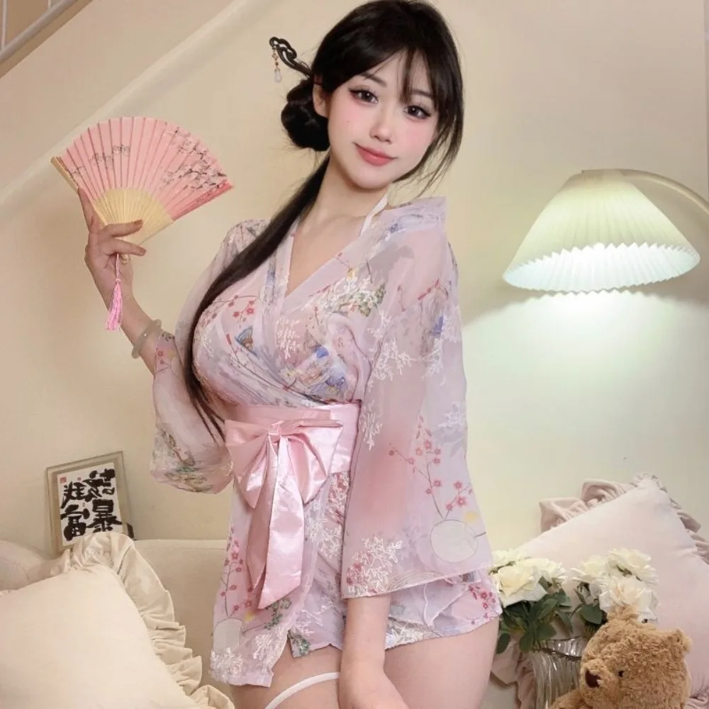 Japanischer Kimono mit V-Ausschnitt, sexy Dating-Robe, 2025, neues bedrucktes Nachthemd, Bademantel, Pyjama, Damen-Fantasie-Kostüme, Dessous