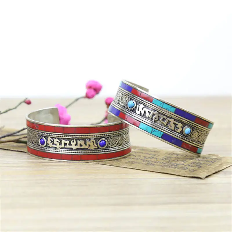 BB-460 Indian Copper Inlay Colorful Stone Bangles Tibetan Mantras Open Cuff OM MANI PAD ME HUM