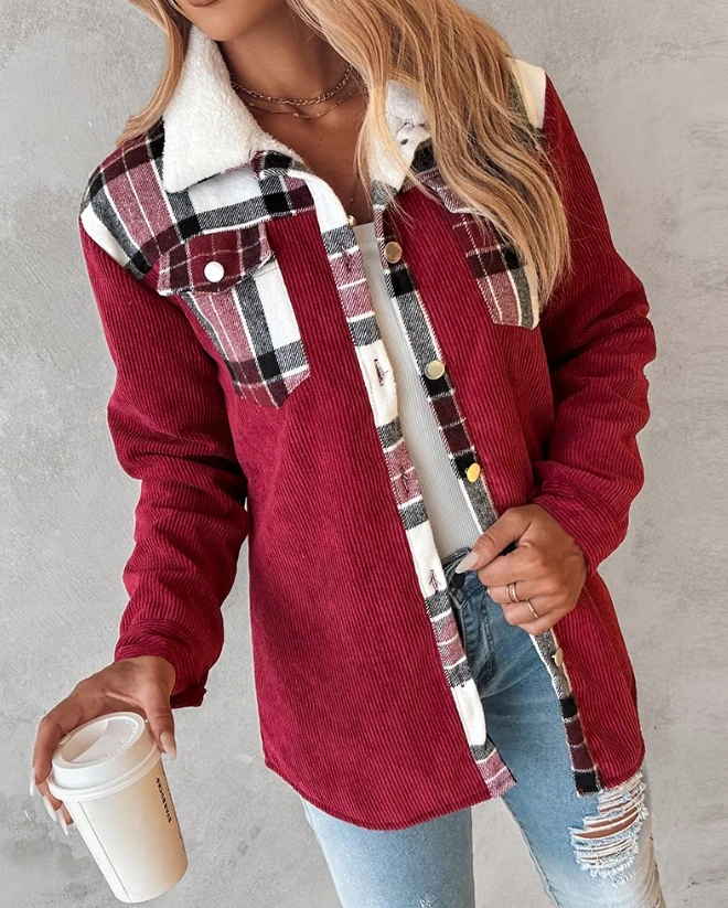 

Hot selling autumn and winter new women's fashionable casual jacket with color block checkered printed corduroy lining jacket