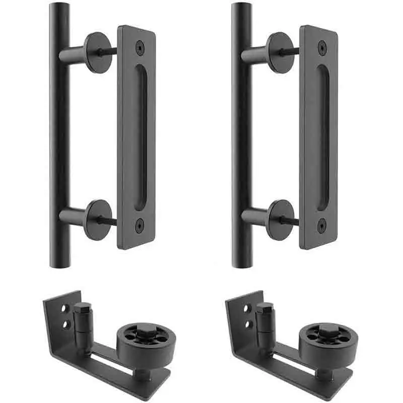 

LWZH 12 inch Black Sliding Barn Door Handle Pull and Flush Hardware Set with Barn Door Floor Guide- 2 Sets