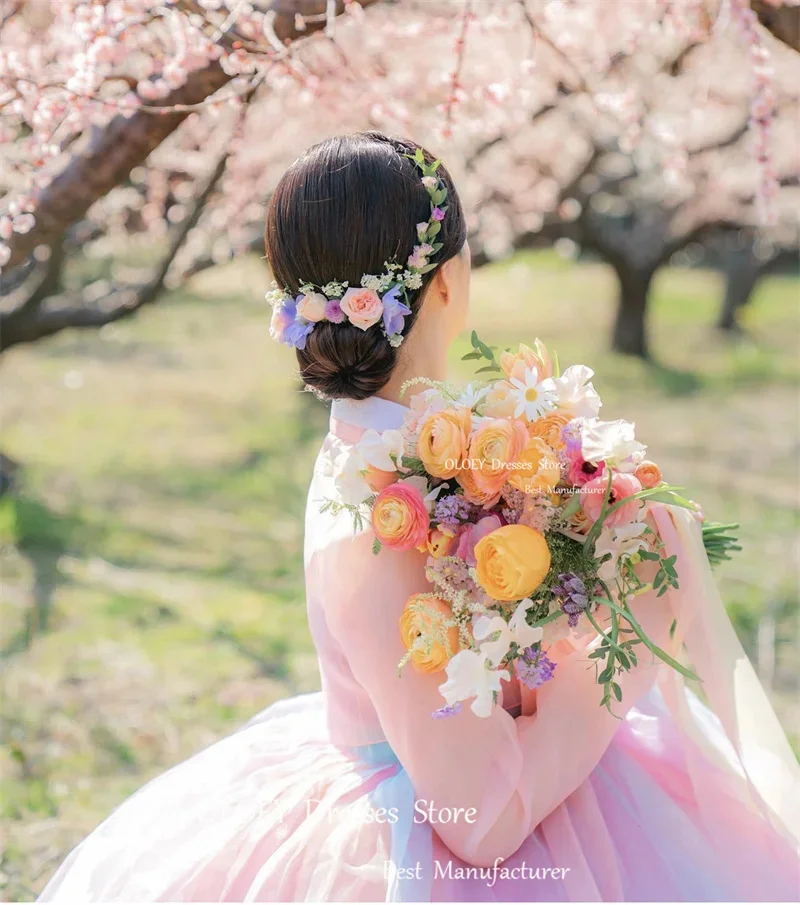 Lisme Korea Vrouwen Formele Outfit Jurken Regenboog Tule Lange Mouwen Paars Roze Fee Avondjurken Fotoshoot Op Maat Gemaakt