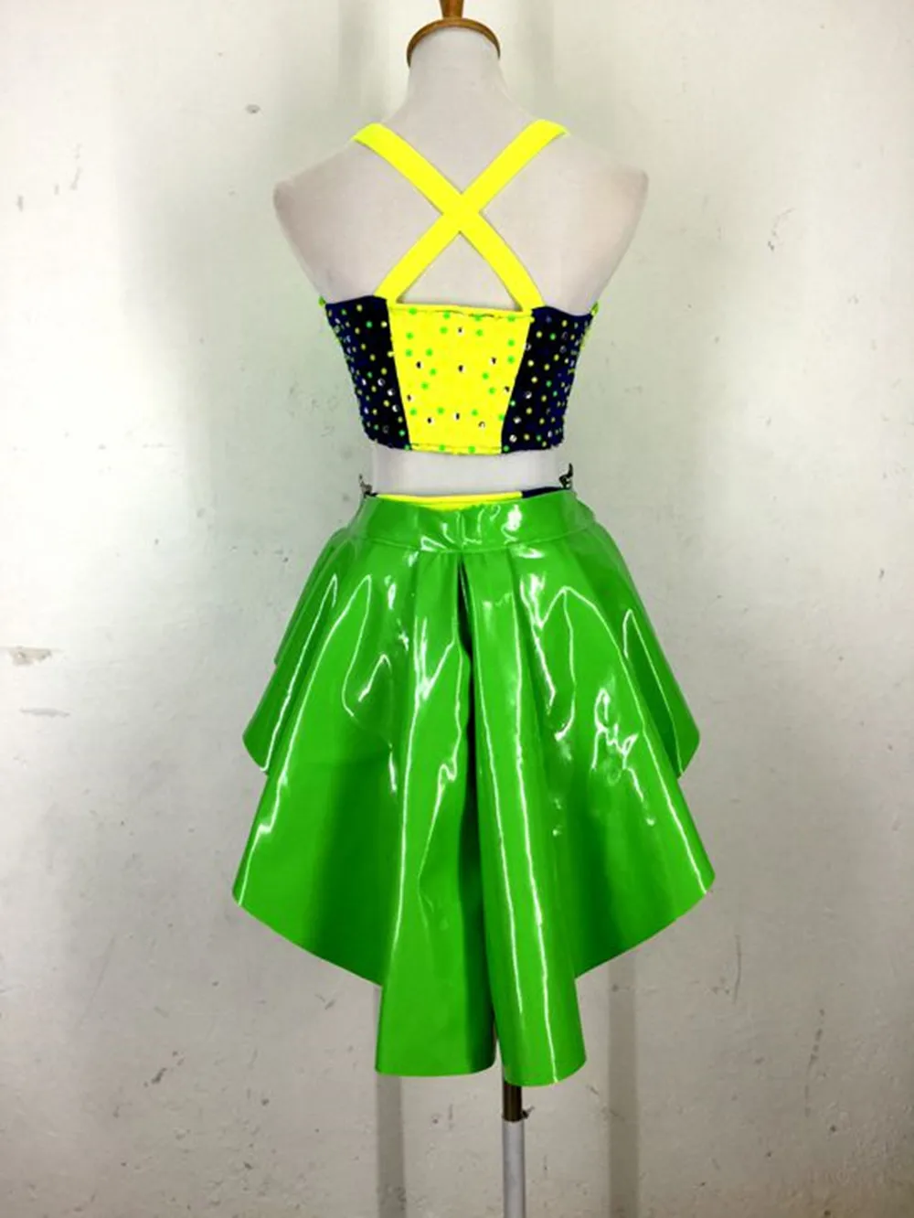 الفلورسنت الأخضر الراين بيكيني القطب ملابس رقص ملهى ليلي بار جوجو راقصة أداء الزي كرنفال Dancewear yj034