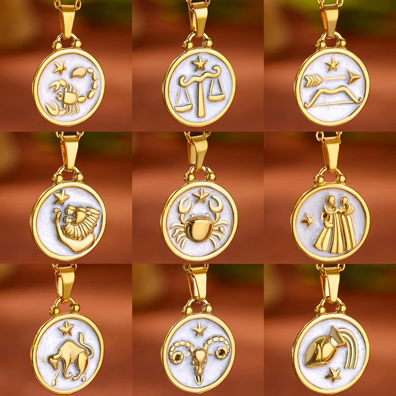 12 Constellation Pendant Necklace for Women Gold Color Stainless Steel Necklace Zodiac Sign Astrology Jewelry Birthday Gift BFF