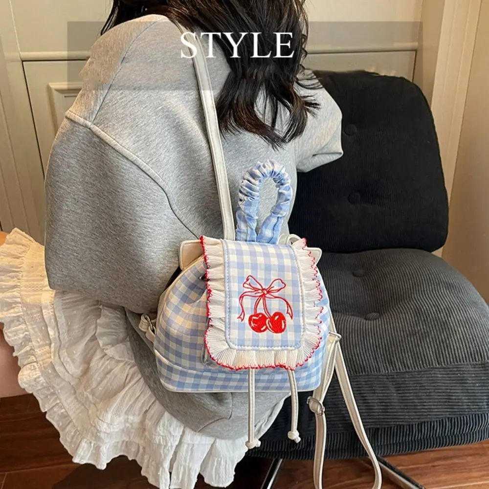 

Korean Style Lace Plaid Backpack Canvas Commute Cherry Backpack Book Bag Large Capacity Bow Shoulder Bag Office Worker
