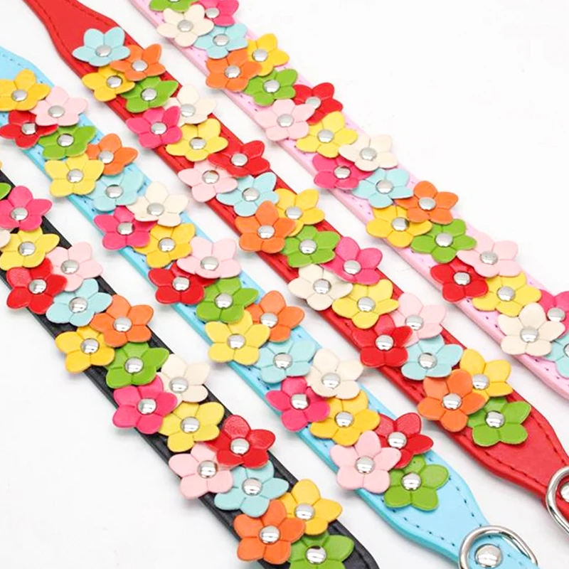 CP079Cute Muti Colors Wide Version Double Rows Flower Decoration PU Leather Durable Stylish Pet Girl Dog Fashionable Collar