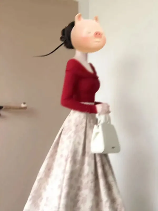 

Ретро-комплект из красного топа и пышной юбки: удобный комплект из двух предметов с высокой талией, длинными рукавами и круглым вырезом, зимняя мода для женщин.