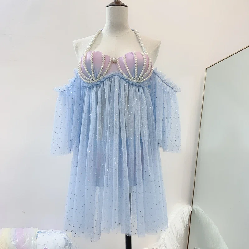 ชุดว่ายน้ำนางฟ้าแต่ละชิ้นชุดว่ายน้ำบิกินี่นางเงือกแบบไล่ระดับสีหอยมุกสายโซ่สำหรับชุดเดรสว่ายน้ำชุดว่ายน้ำผ้าแนวโลลิต้าฤดูร้อน