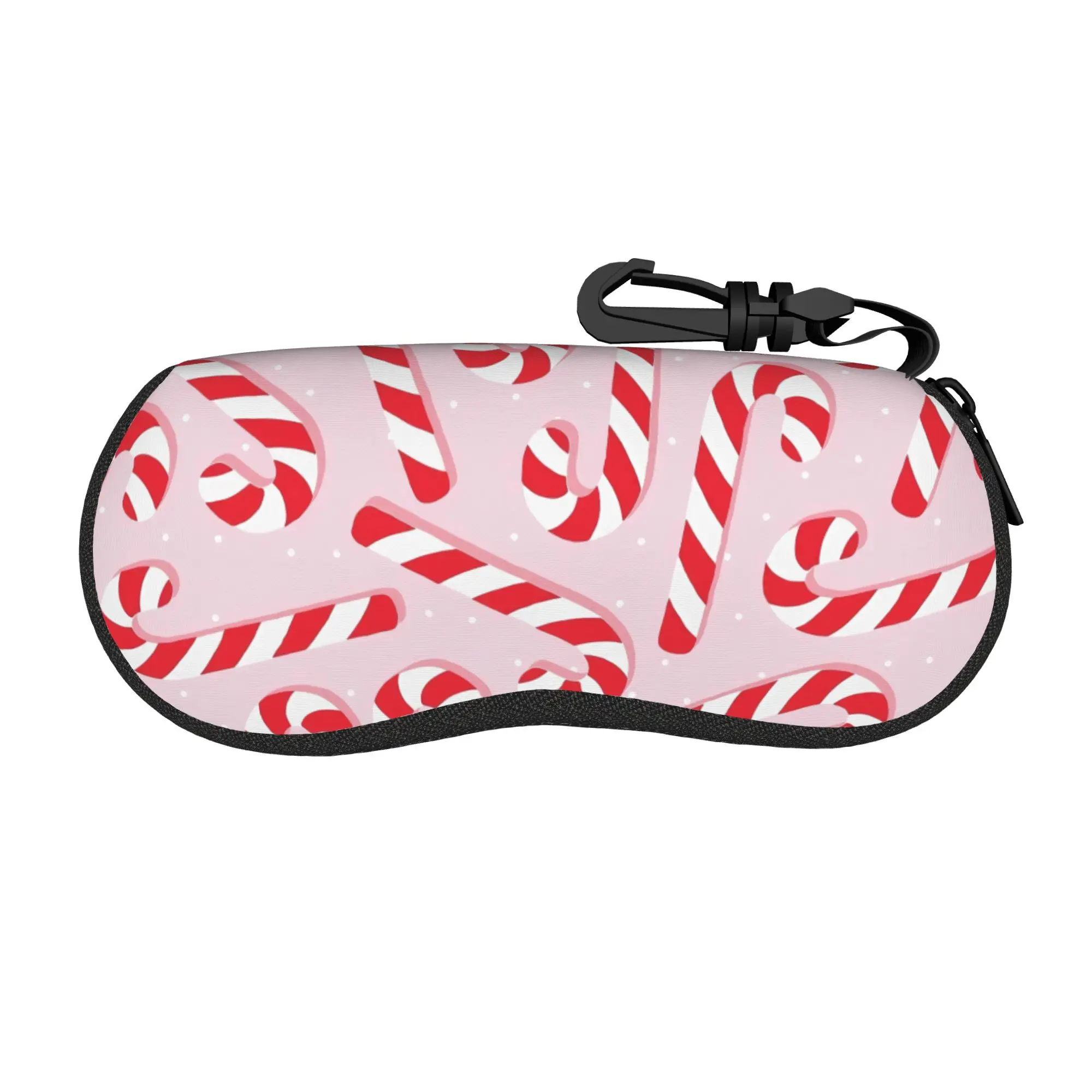 1pc Festive Candy Cane & Holly Eyeglass Case Pink White Striped Zippered Glasses Pouch with Black Zipper Pull