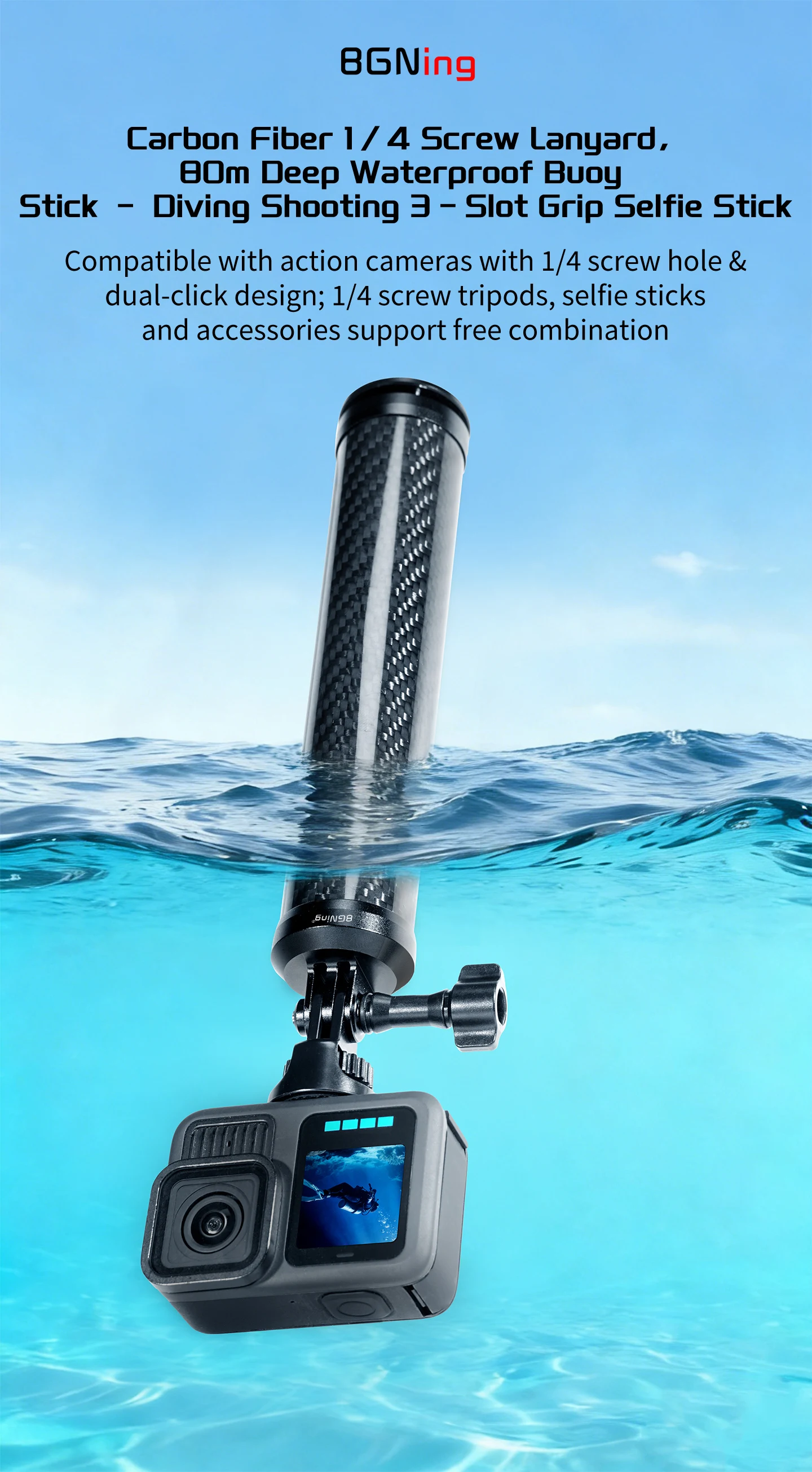 Bgning Neuer Kohlefaser-Griff mit Handschlaufe, Schwimmfähiger Tauch-Selfie-Stick für Gopro Hero, Insta360 X4, DJI Osmo Kamera – Detail 9