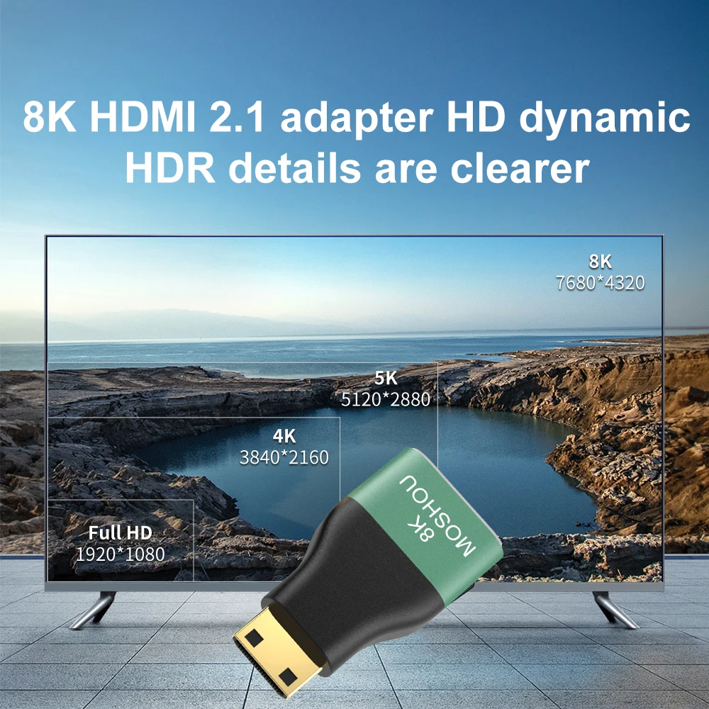 MOSHOU 8K HDMI 2.1 커넥터 어댑터, HDTV PS4 PS5 노트북용 미니 HDMI 마이크로 HDMI 270, 90 도 수-암, 4K HDMI 익스텐더