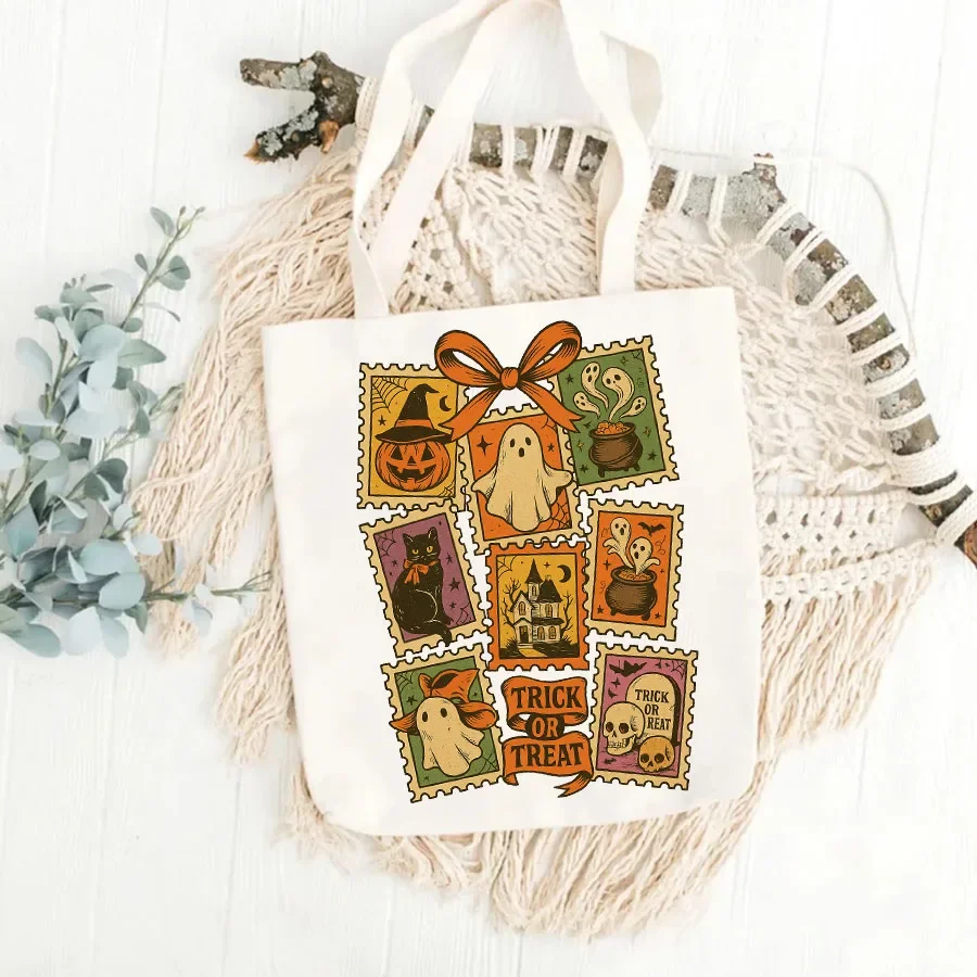 Vintage Halloween Cat Ghost Girly Preppy Canvas Shopping Tote Bag Cute Witchy Pumpkin Handbag Shoulder Bag Art Packaging Bag