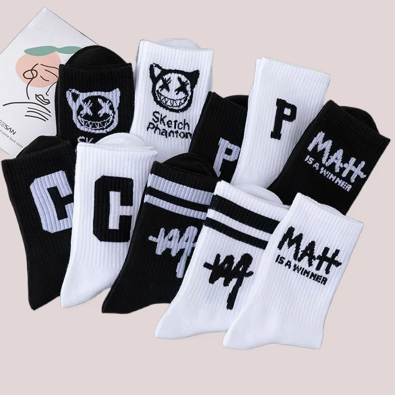 5/10 Pairs 2024 New All-match Student Mid-tube Socks Letters Trend Cotton Sock Breathable Men Women Basketball Sports Socks