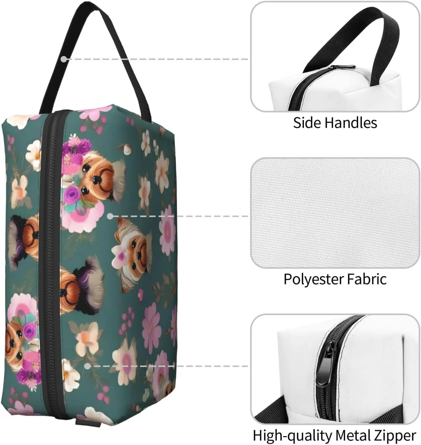 Yorkie Floral Pattern Toiletry Bag, Makeup Cosmetic Bag, Travel Bag For Toiletries, Storage Bag With Zipper