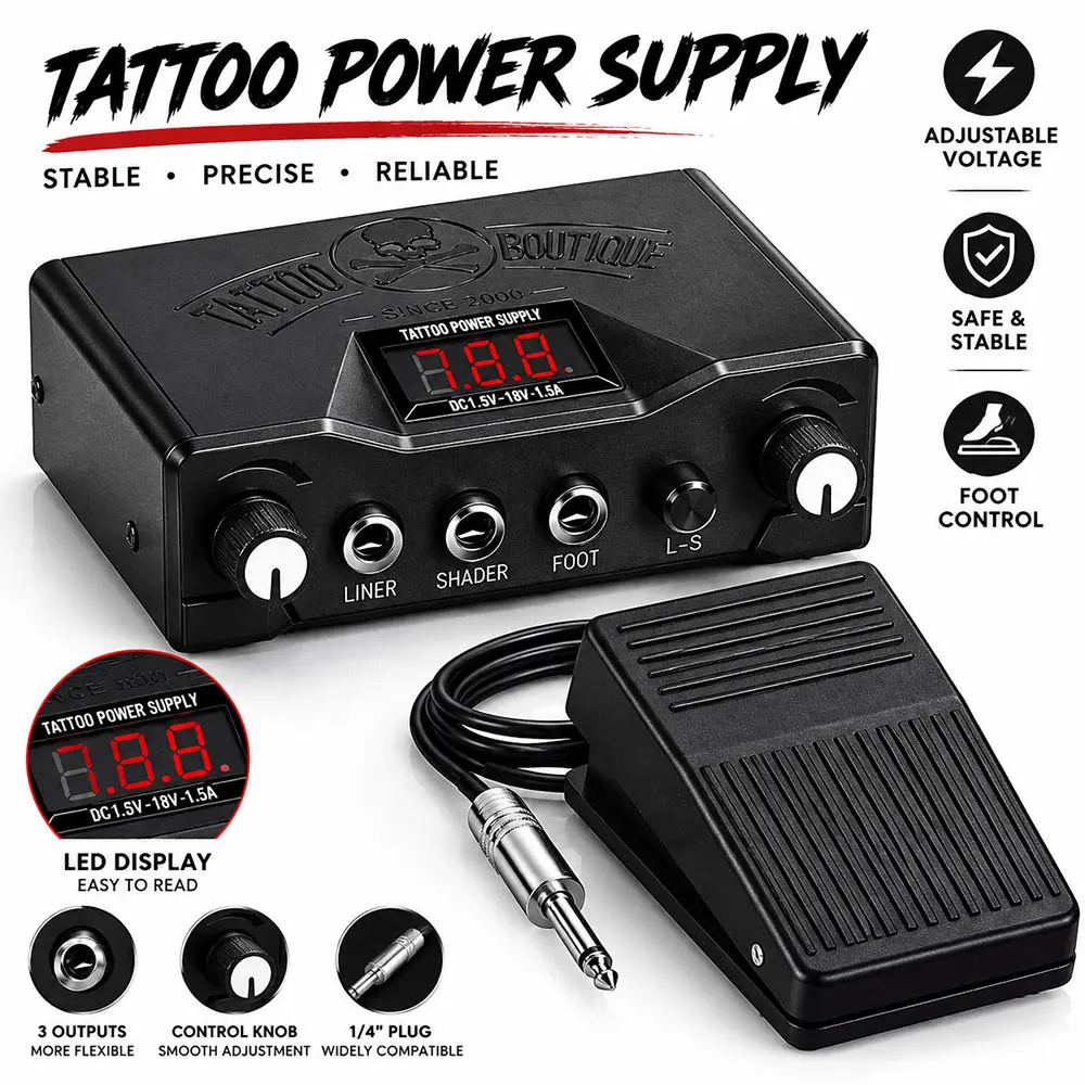 Tattoo Power Supply with Foot Pedal Set Digital Display Adjustable Voltage for Tattoo Machine Lining and Shading Tattoo Supply