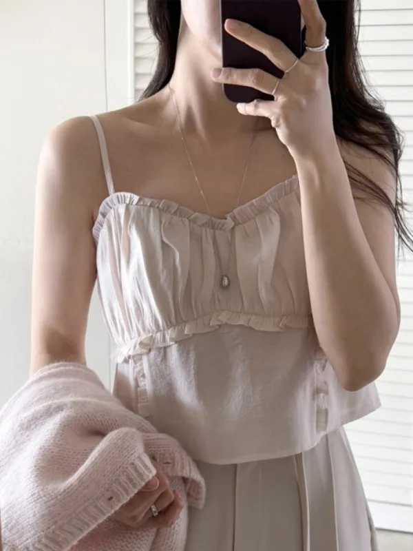 

Sweet Anti-Aging Splice Gored Skirt Trim Vest Strap Women's Summer New Folded Versatile Top Pure Color ort Length Knitwear