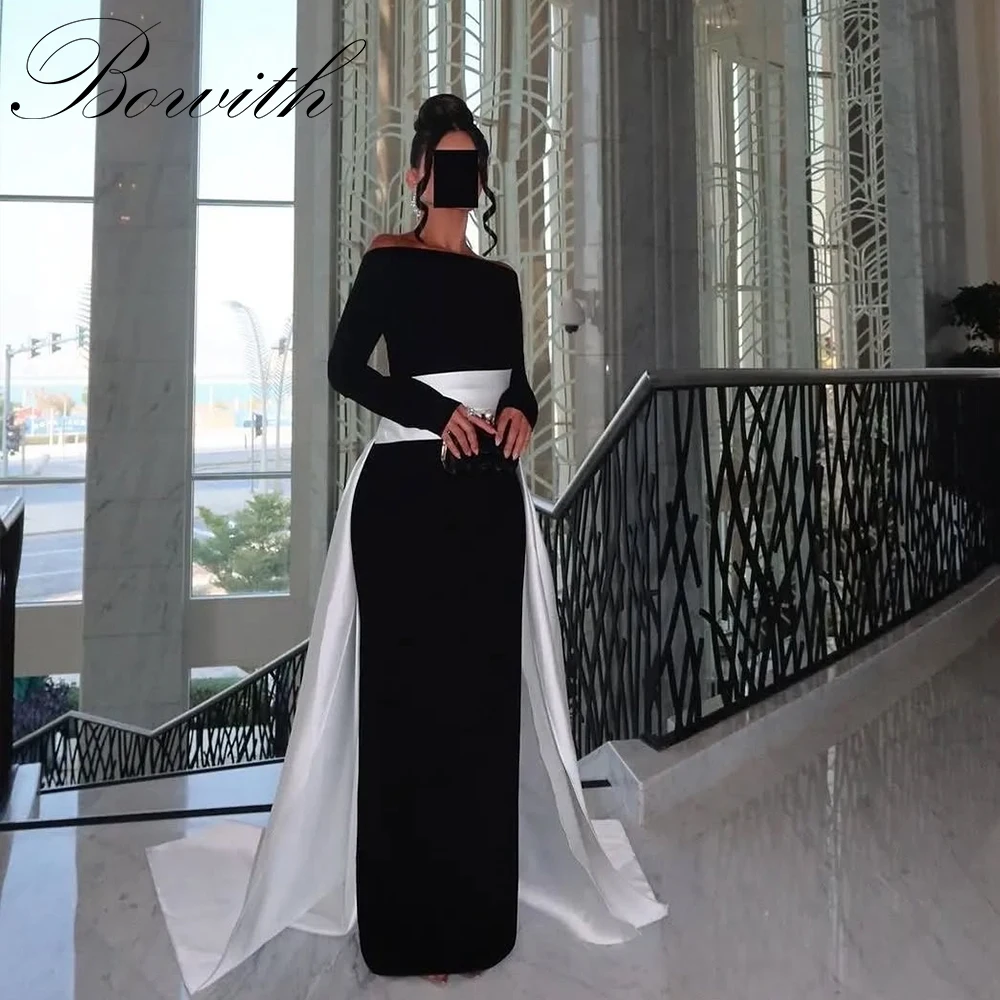 

Bowith Modest Evening Dresses Women Boat Neck Long Sleeves Prom Dresses Customized Black and White Elegant Party Dresses