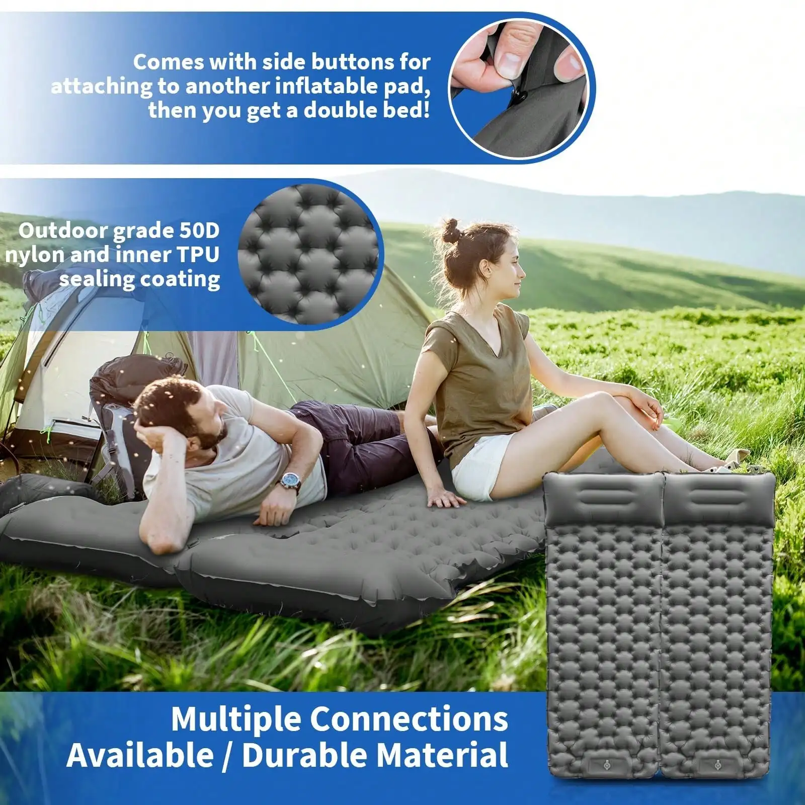 New TPU Rhombus Inflatable Mattress with Pillow, Inflated by Hand & Foot, Splicable (Single/Double Size)