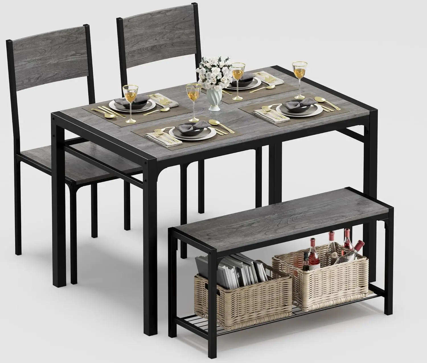 

43.3" Dining Table Set for 4, Kitchen Table with Bench & 2 Chairs Modern Rectangular Metal Frame Dining Furniture Set