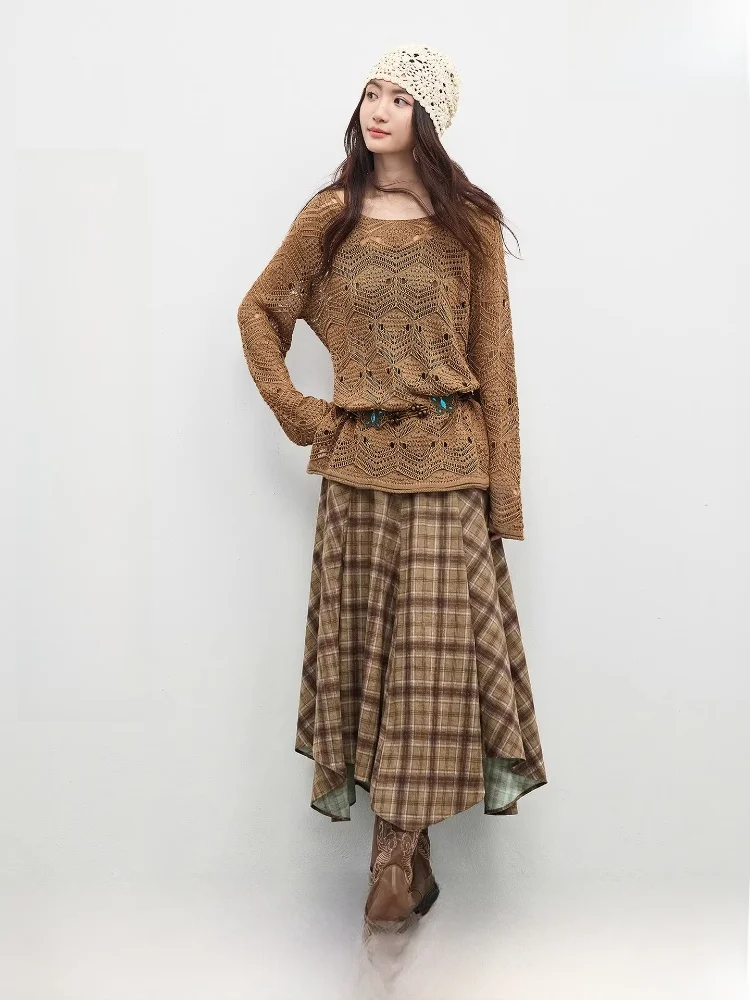 

Vacation Style Women's Skirt Set Spring New Hollow out Loose Cover up Elastic High Waist Asymmetrical Plaid A-Line Skirt