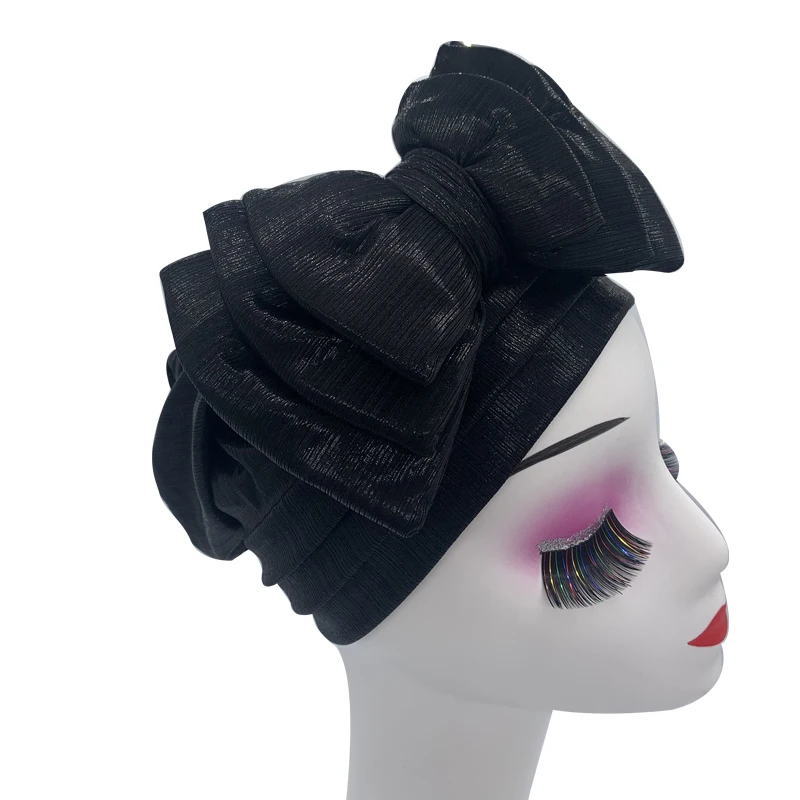 Shinning Multi-schicht Bowknot Turban Kappe für Frau Mode Afrikanische Headtie Nigeria Hochzeit Turbane Hut Muslim Headwrap Motorhaube – Detail 20